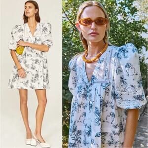 Hunter Bell JENKINS Puff Sleeve V-Neck Shift Flamingo Print Mini Dress M $445